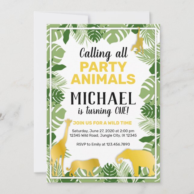 Jungle Animals 1st Birthday Invitation (Front)
