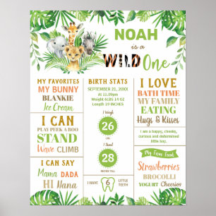 Jungle Animals 1st Birthday Milestone Birth Stats Poster