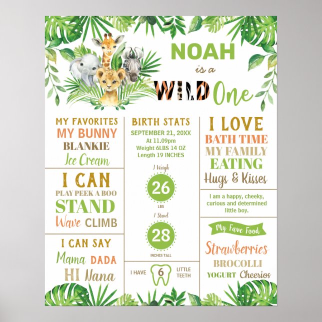 Jungle Animals 1st Birthday Milestone Birth Stats  Poster (Front)