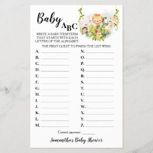 Jungle Animals Baby ABC Baby Shower Game Card