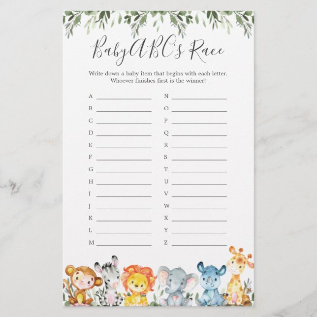 Jungle Animals Baby Shower ABC's Race Game (Front)