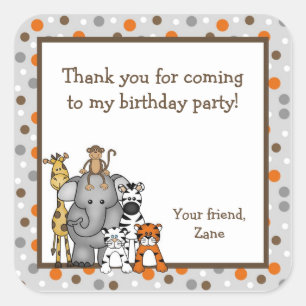 Jungle Animals Baby Shower Birthday Party Favour Square Sticker