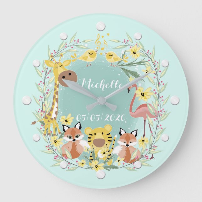 Jungle animals baby shower boy or girl. large clock (Front)