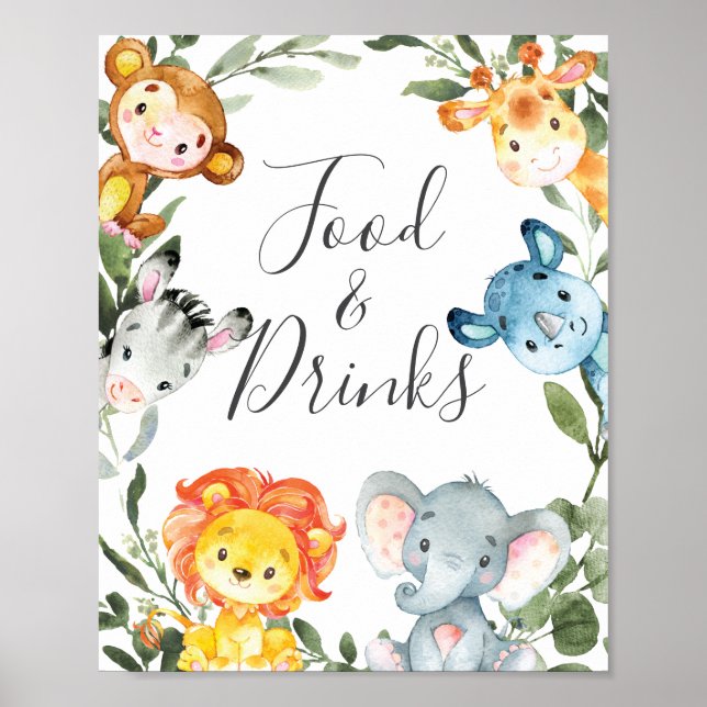 Jungle Animals Baby Shower Food and Drinks Sign (Front)