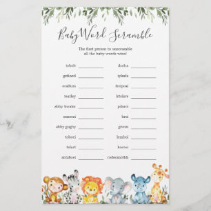 Jungle Animals Baby Shower Word Scramble Game