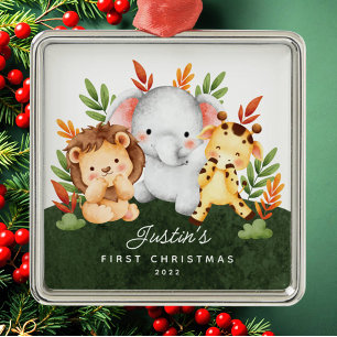 Jungle Animals Baby's First Christmas Metal Ornament