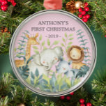 Jungle Animals Baby's First Christmas Ornament<br><div class="desc">Cute baby's first Christmas ornament the sweetest little jungle animals framed with watercolor jungle leaves.</div>