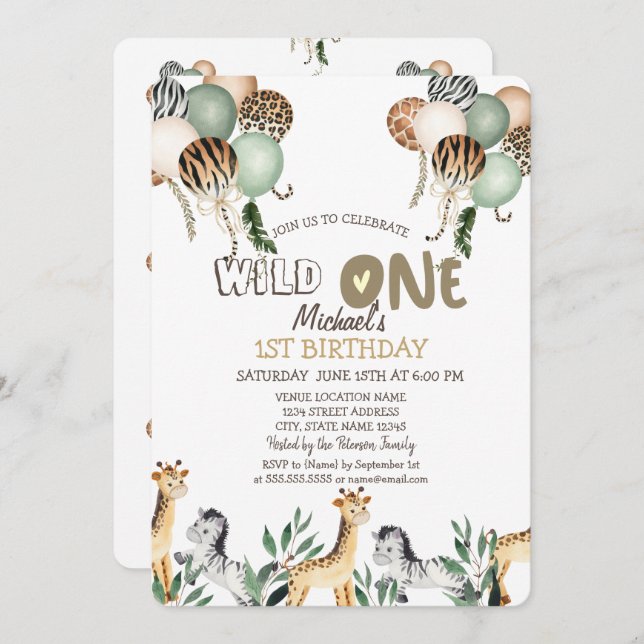 Jungle Animals Balloons 1st Birthday Invitation (Front/Back)