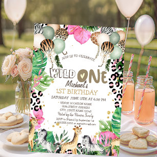 Jungle Animals Balloons Leaves 1st Birthday Invitation