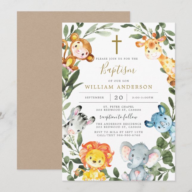 Jungle Animals Baptism/Christening Invitation (Front/Back)