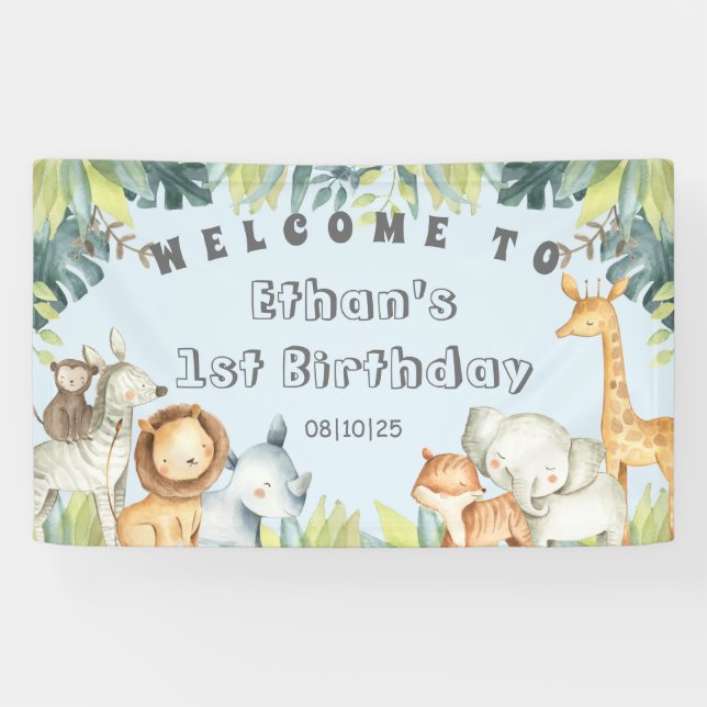Jungle animals blue boy 1st birthday welcome sign (Horizontal)