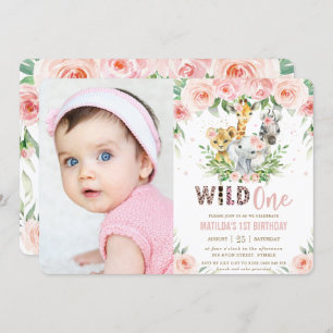 Jungle Animals Blush Floral 1st Birthday Photo Invitation