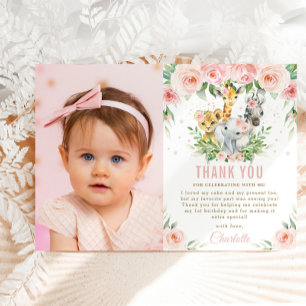 Jungle Animals Blush Floral 1st Birthday Photo  Thank You Card