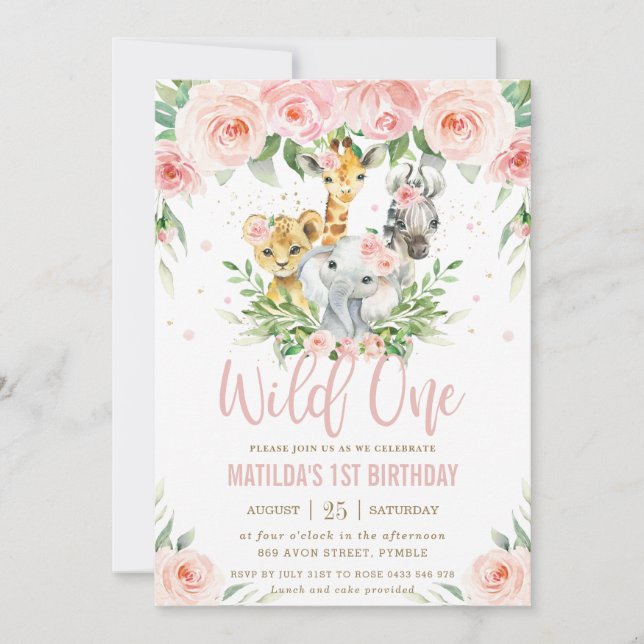 Jungle Animals Blush Floral 1st Birthday Wild ONE Invitation (Front)