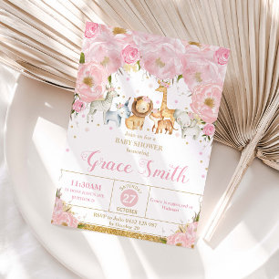 Jungle Animals Blush Pink Floral Baby Shower  Invitation
