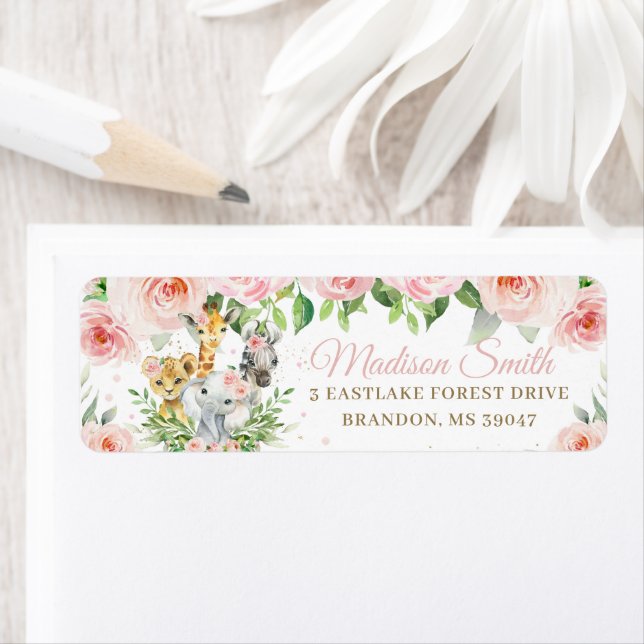 Jungle Animals Blush Pink Floral Return Address  Label (Insitu)