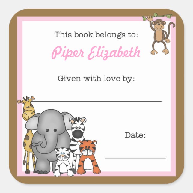 Jungle Animals Book Plate Pink Girl BOOKPLATE Square Sticker (Front)