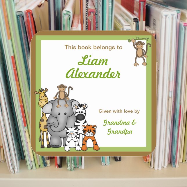 Jungle Animals Book Plates Green Boy BOOKPLATE Square Sticker (Creator Uploaded)