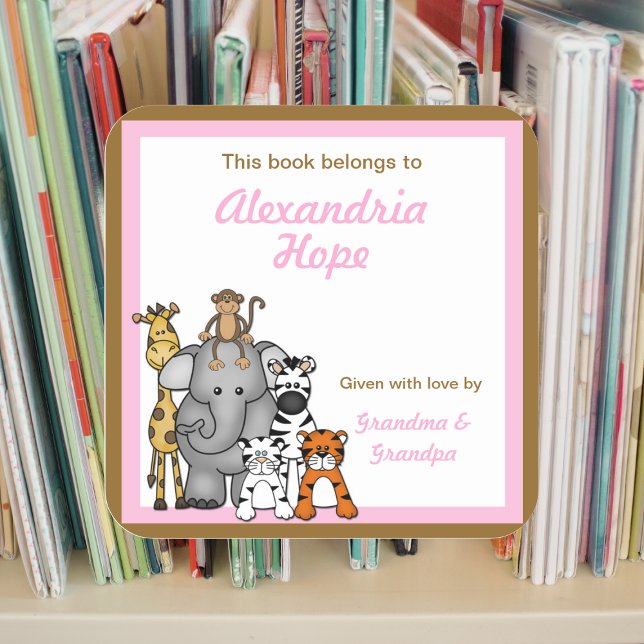 Jungle Animals Book Plates Pink Girl BOOKPLATE Square Sticker (Creator Uploaded)