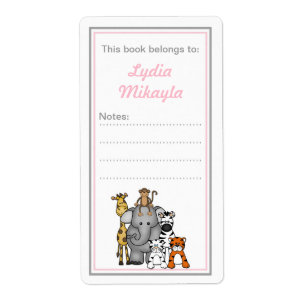Jungle Animals bookplates pink grey baby shower