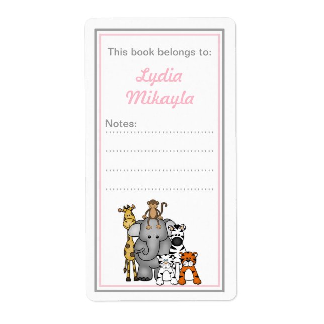 Jungle Animals bookplates pink grey baby shower (Front)