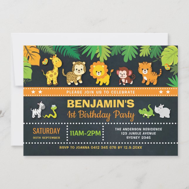 Jungle Animals Boy Safari Wild One 1st Birthday Invitation (Front)