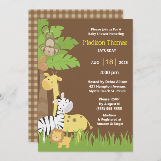   Jungle Animals Brown Safari  Boy Baby Shower Invitation (Front/Back)
