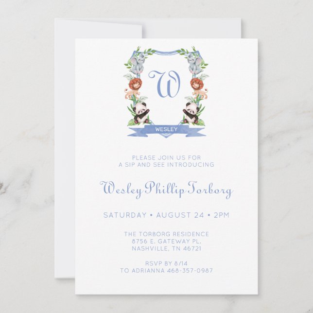 Jungle Animals Crest Boy Sip And See Invitation (Front)