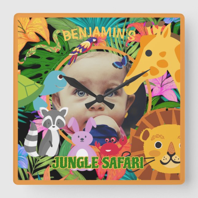 Jungle animals cute personalised baby photo square wall clock (Front)
