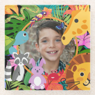 Jungle animals cute personalised kids  glass coaster