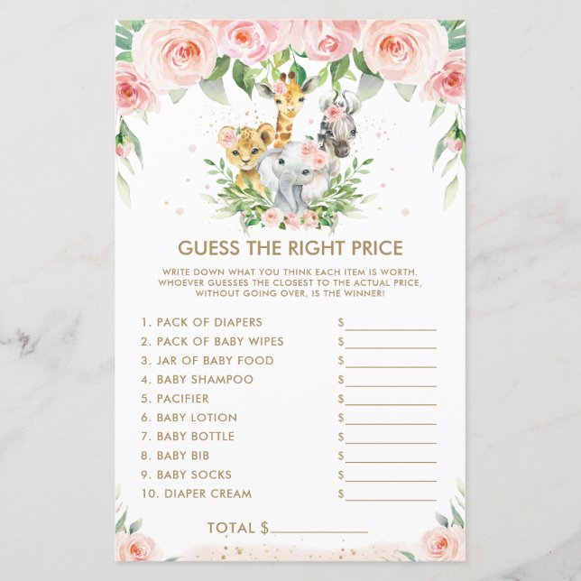 Jungle Animals Floral Guess the Right Price Game (Front)