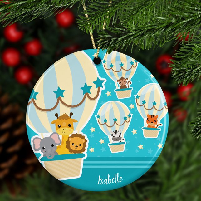 Jungle Animals Flying in Hot Air Balloon Christmas Ceramic Ornament (Creator Uploaded)