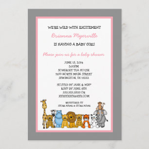 Jungle Animals Girl Baby Shower Invites