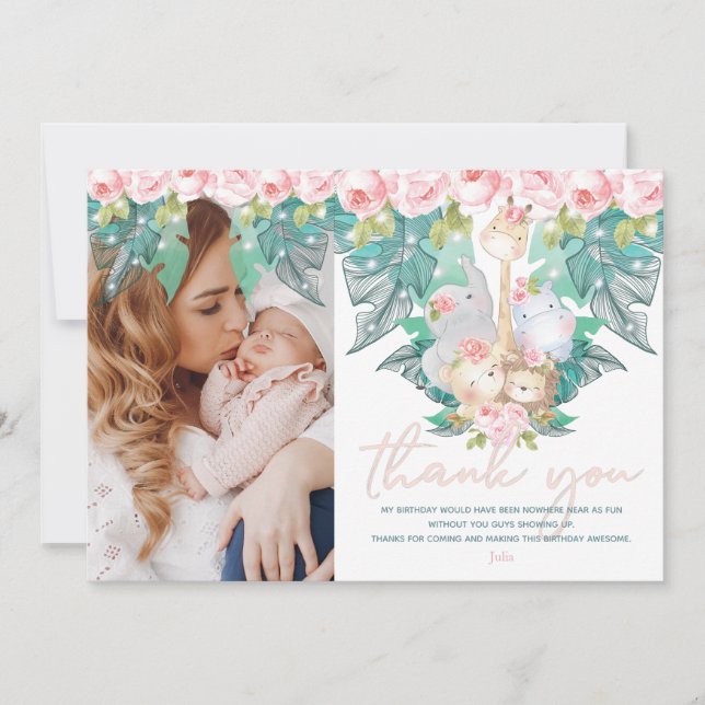 Jungle Animals Girl Birthday Photo Thank You Card (Front)