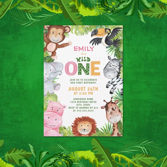 Jungle Animals Girl Wild One 1st Birthday Invitation (Creator Uploaded)