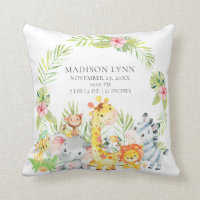Jungle Animals Girls Baby Birth Stats Pillow