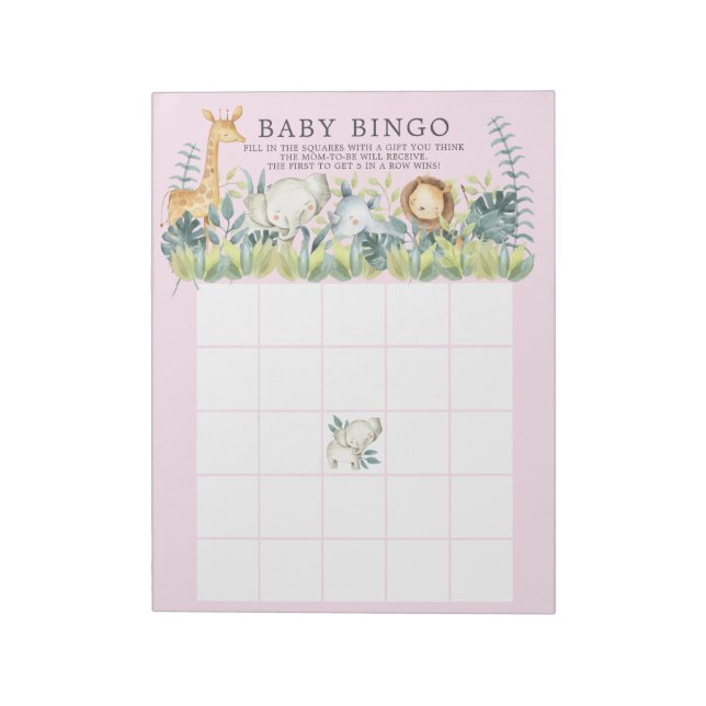 Jungle Animals Girls Baby Shower Bingo Game Notepad (Rotated)