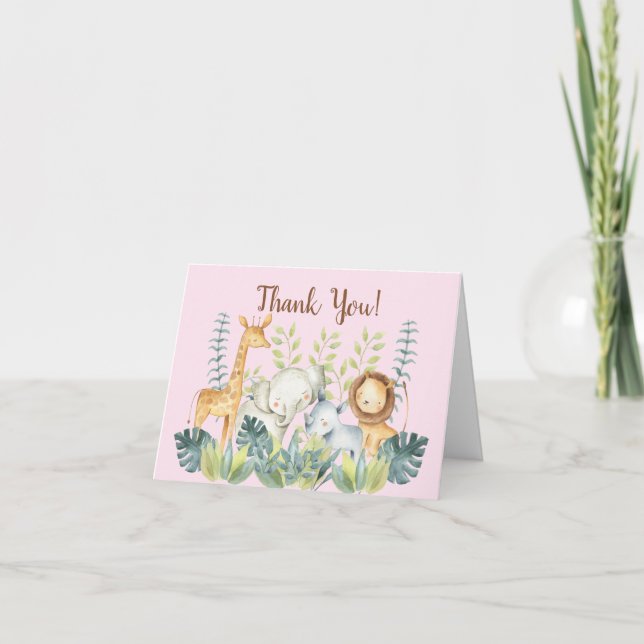 Jungle Animals Girls Baby Shower Thank You Card (Front)