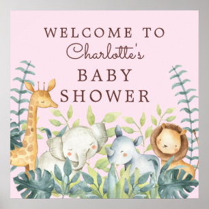 Jungle Animals Girls Baby Shower Welcome Poster
