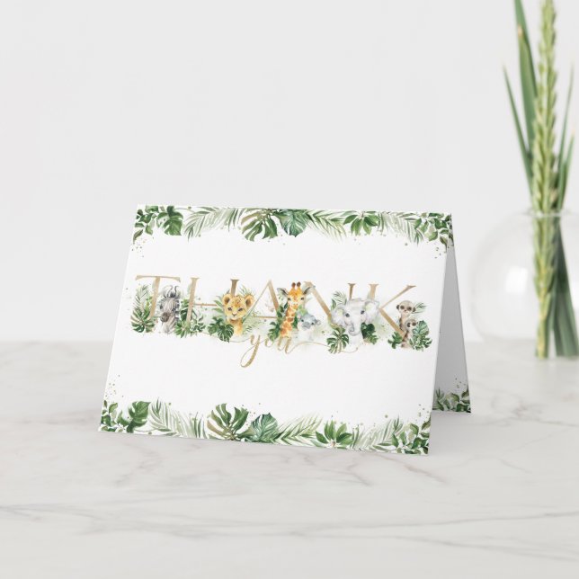 Jungle Animals Greenery 1st Birthday Baby Shower Thank You Card (Front)