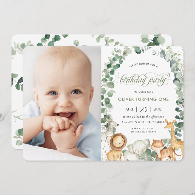 Jungle Animals Greenery 1st Birthday Party Photo Invitation (Front/Back)