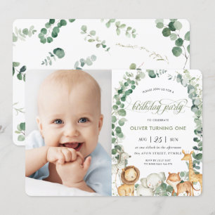 Jungle Animals Greenery 1st Birthday Party Photo Invitation