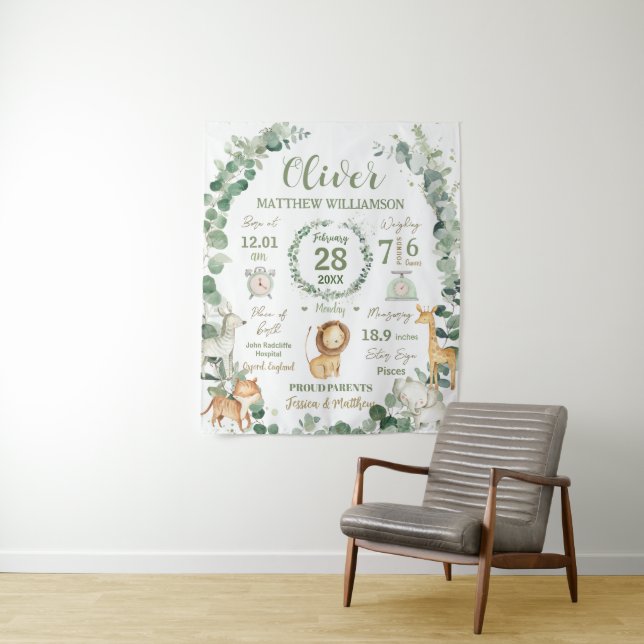 Jungle Animals Greenery Baby Birth Print Stats   Tapestry (In Situ)