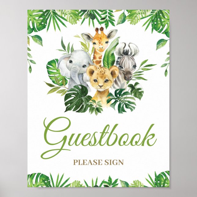 Jungle Animals Greenery Baby Shower Guestbook Sign (Front)