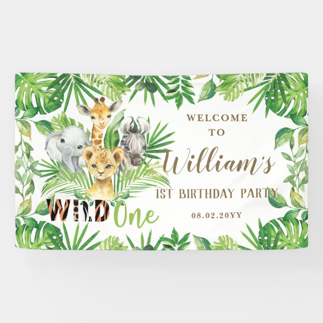 Jungle Animals Greenery Birthday Welcome Backdrop  Banner (Horizontal)