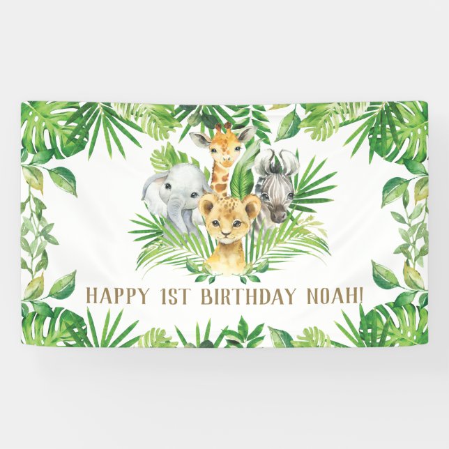 Jungle Animals Greenery Birthday Welcome Backdrop Banner (Horizontal)