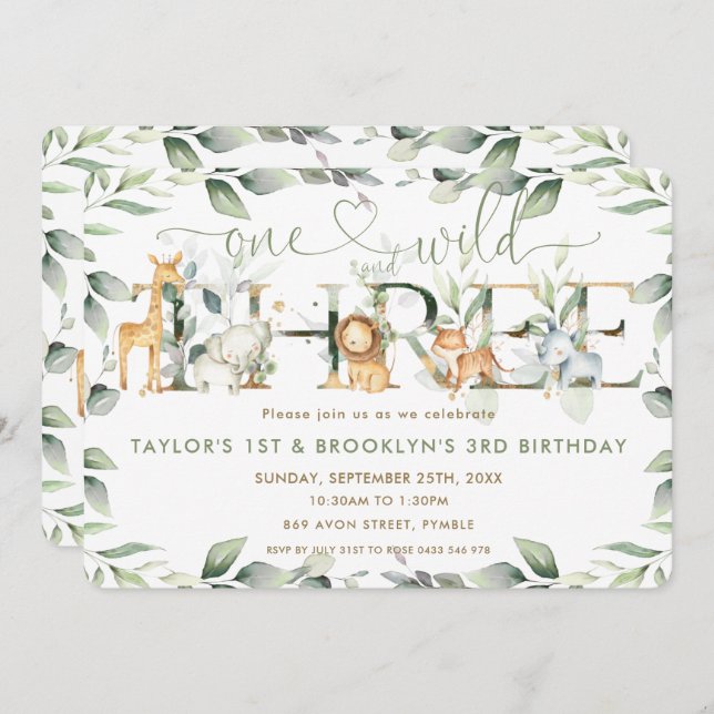 Jungle Animals Greenery Joint 1st and 3rd Birthday Invitation (Front/Back)