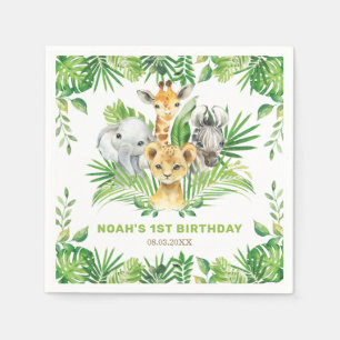 Jungle Animals Greenery Lion Zebra Birthday Party Napkin