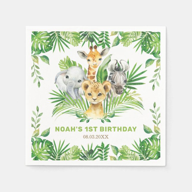 Jungle Animals Greenery Lion Zebra Birthday Party Napkin (Front)