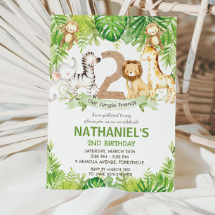 Jungle Animals Greenery Safari 2nd Birthday Party Invitation